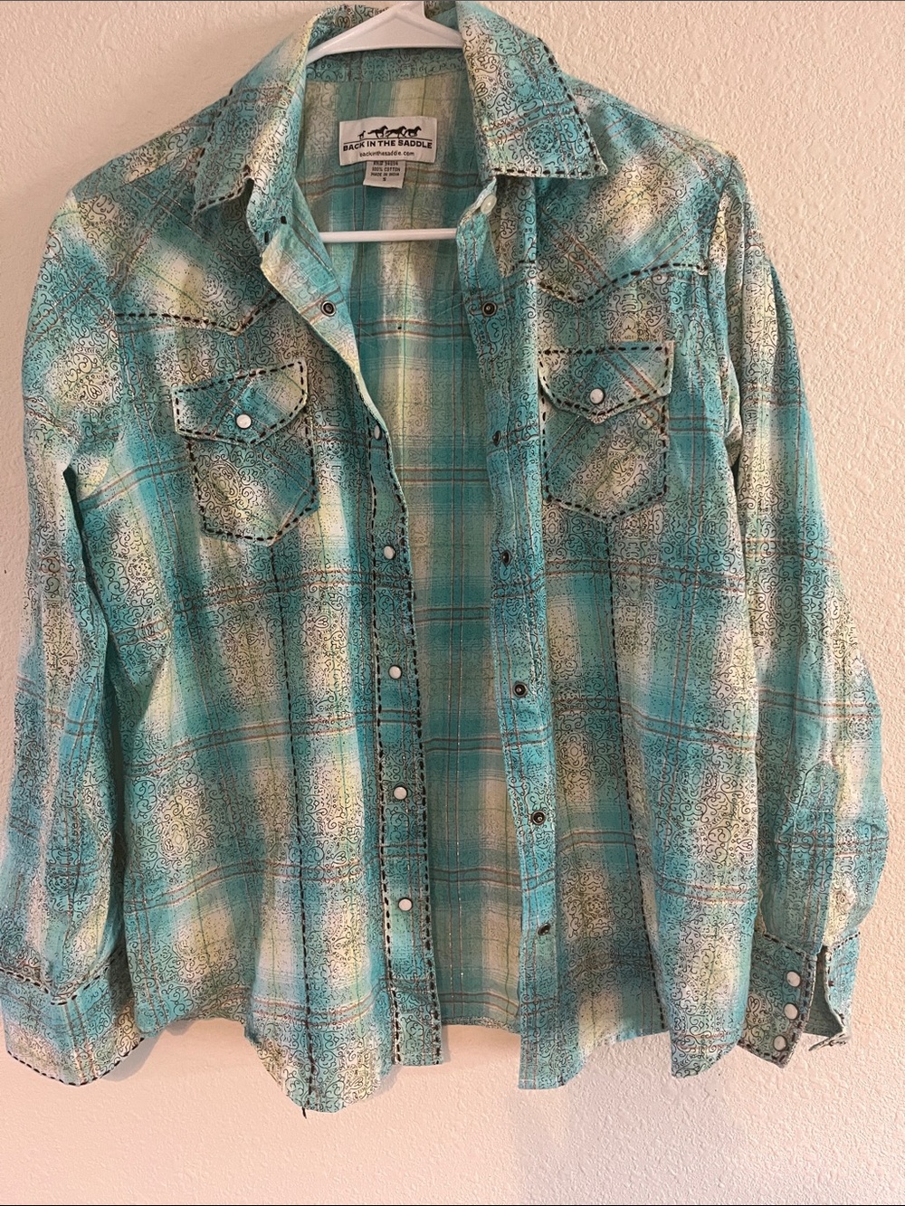 Back in The Saddle Women’s Western ShirtTurquoise Plaid Snap-Front S